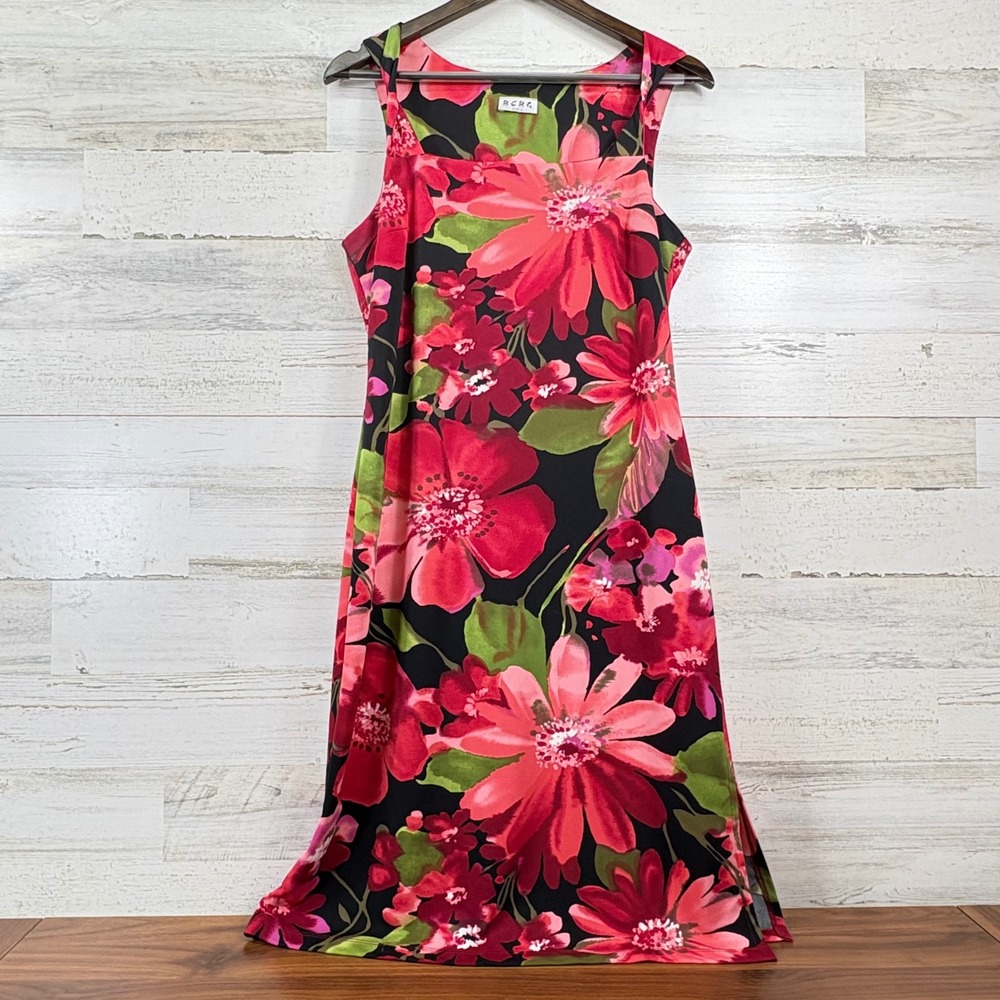 BCBG Paris Floral Midi Dress Medium Red Pink Black Sleeveless A-Line Summer Chic